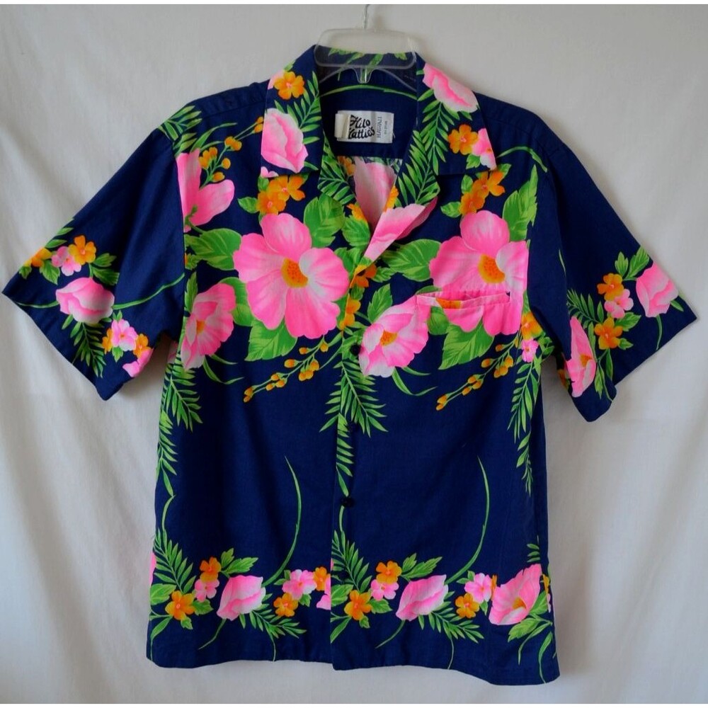 Hilo Hattie Hawaiian Aloha Shirt Mens L Blue Pink Floral Made In Hawaii Cotton